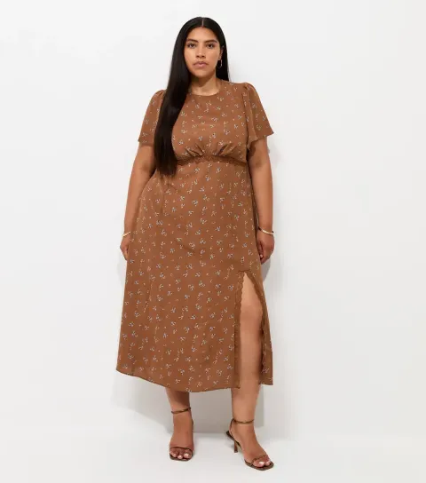 Women's Plus Size Brown Floral Lace Midi Dress Curves
