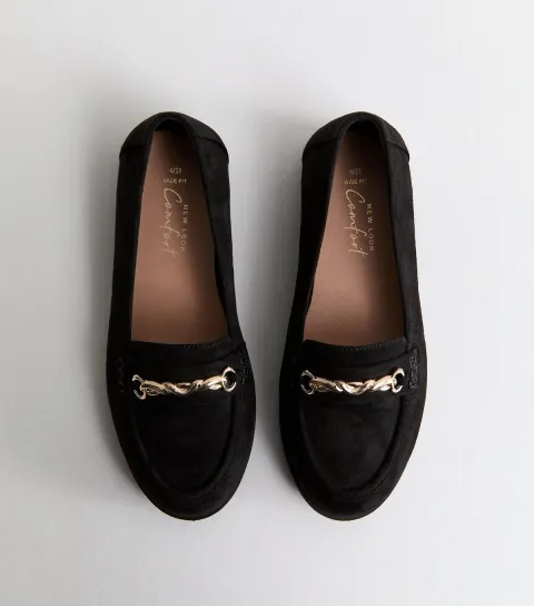 Women's Wide Fit Black Faux Suede Chain Loafers Vegan
