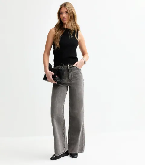 Women's Washed Grey Adalae High-Waist Wide Leg Jeans