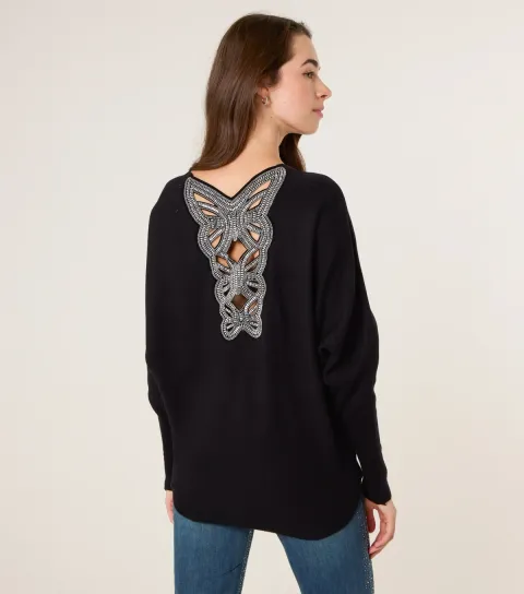 Women's Black Embellished Cut Out Back Batwing Jumper