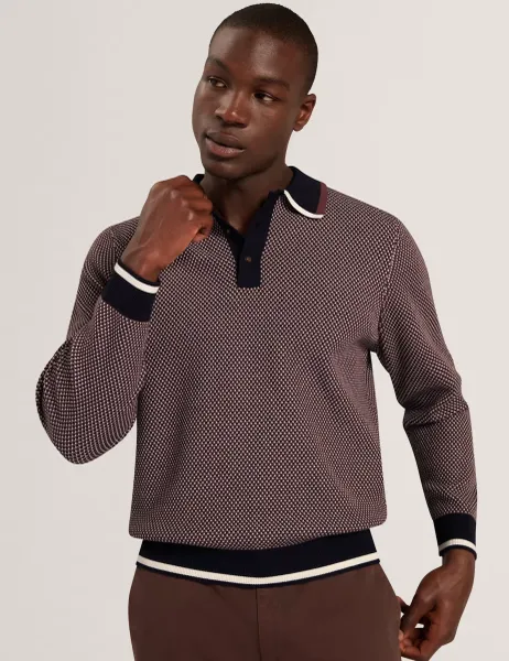 Ted Baker Patterned Waffle Stitch Knitted Polo Shirt Burgundy