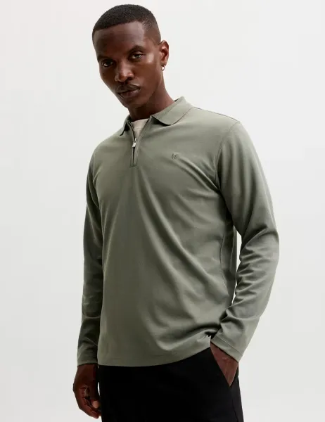 Jack & Jones Cotton Blend Half Zip Long Sleeve Polo Shirt Olive