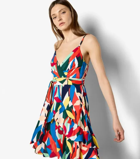 Women's Red Colour Block Tiered Mini Dress