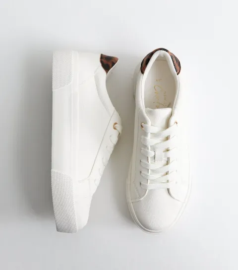 Women's White Faux Leather Leopard Print Flatform Trainers Vegan
