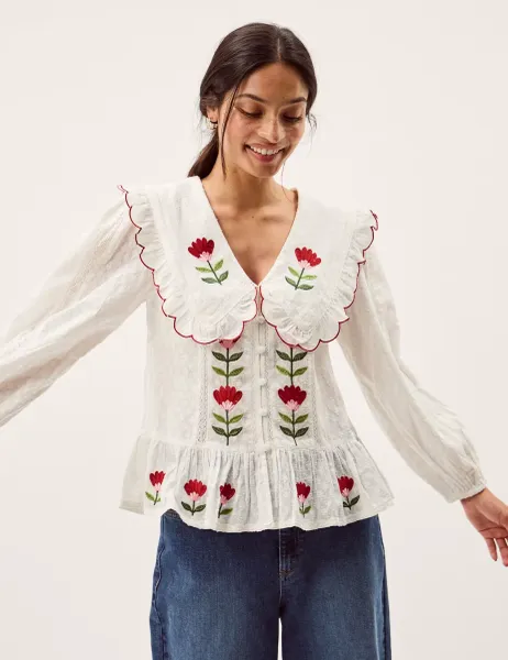Monsoon Tulip Embroidered Scallop Collar Top White