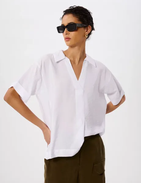 Whistles Sasha Collared V-Neck Shirt White