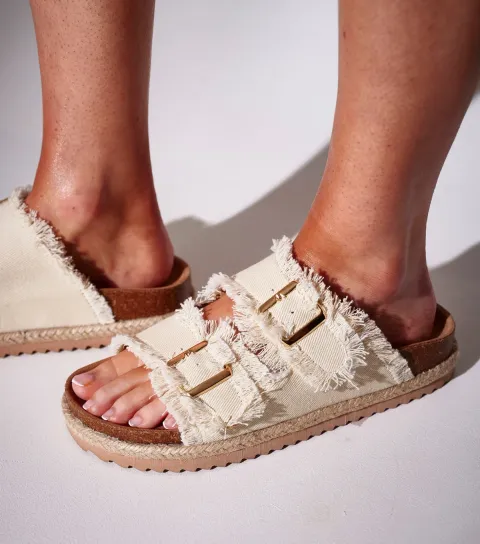 South Beach Women's Cream Denim Fringed Espadrille Sandals