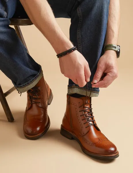 Jones Bootmaker Leather Side Zip Brogue Boots Tan