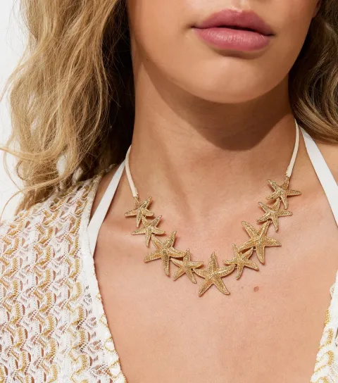 Gold Tone Rope Cream Starfish Necklace