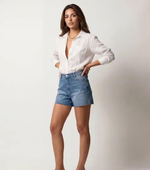 Women's Blue Raw Hem Mom Shorts