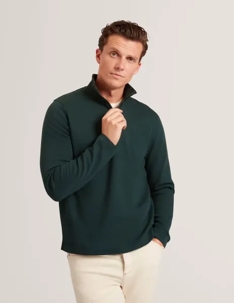 Ted Baker Cotton Rich Honeycomb Trim Half Zip Sweatshirt Dark Green