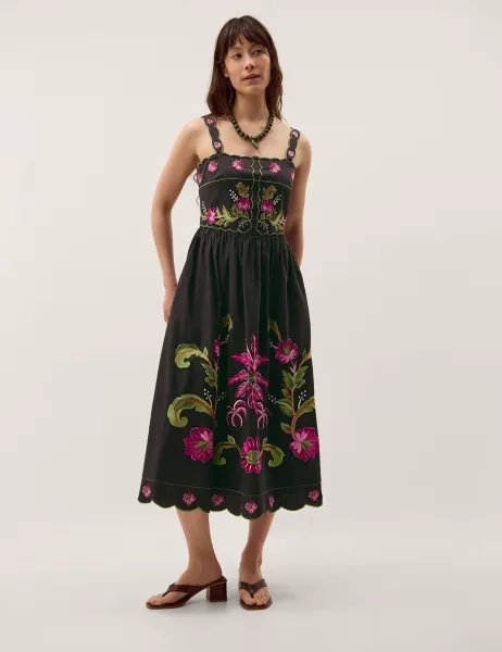 Monsoon Pure Cotton Floral Embroidered Midi Dress Black