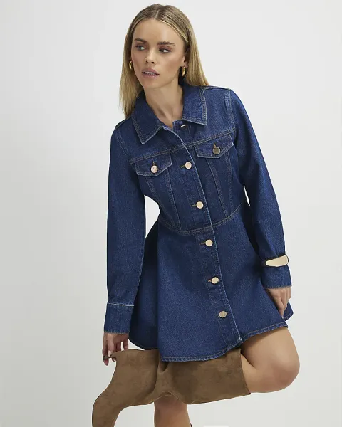 River Island Petite Denim Long Sleeve Shirt Dress