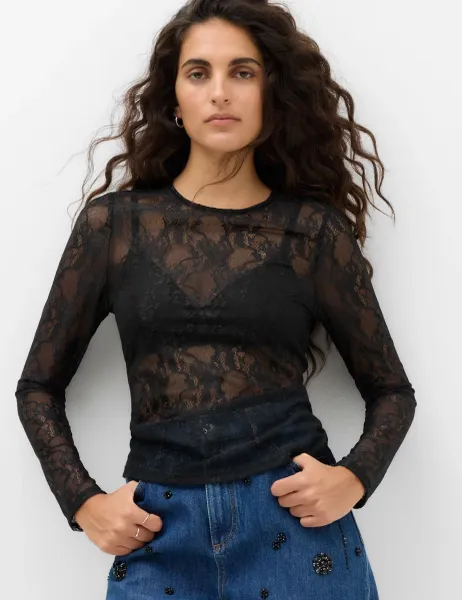 Marks & Spencer Lace Crew Neck Regular Fit Top Black