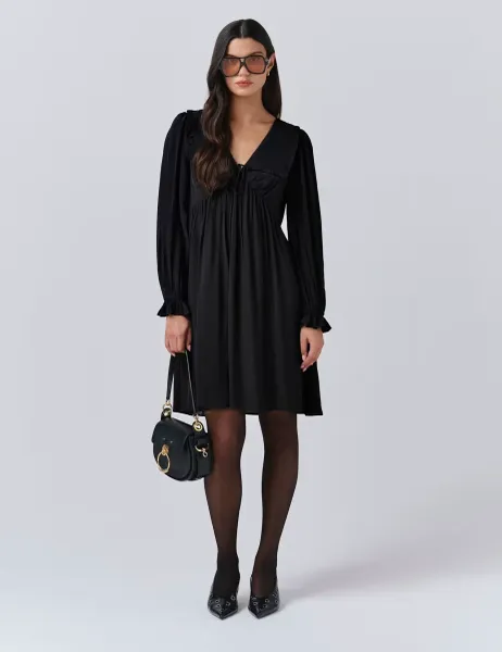 Crepe V-Neck Frill Collar Mini Smock Dress Black