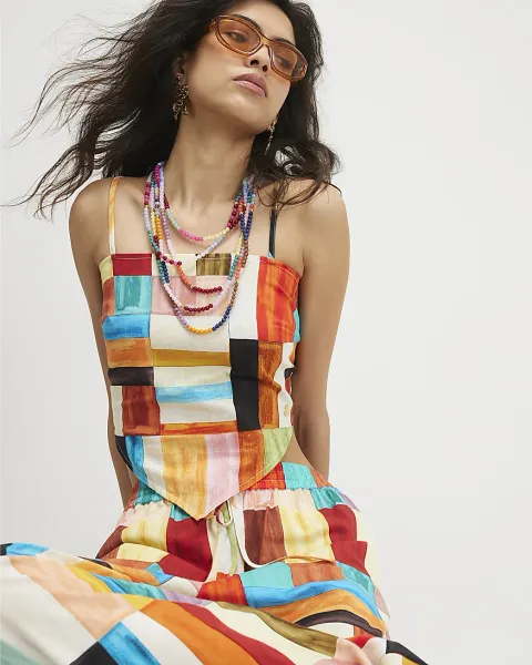 River Island Linen Blend Check Print Scarf Top