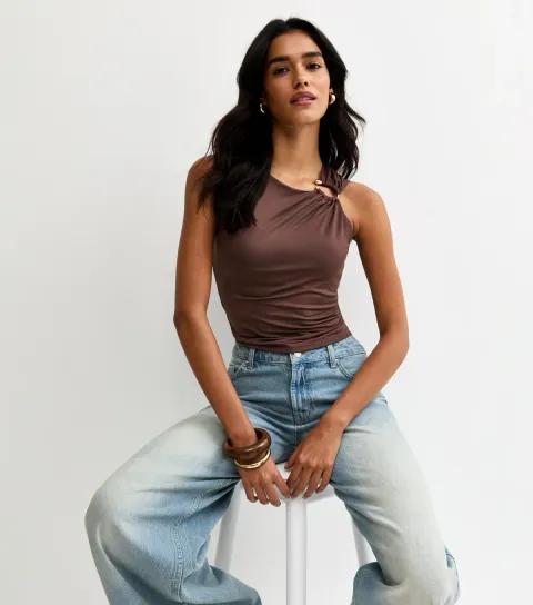 Women's Dark Brown Jersey Asymmetric Hardware Detail Tank Top