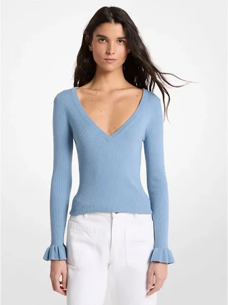 Ribbed Wool Blend V-Neck Sweater