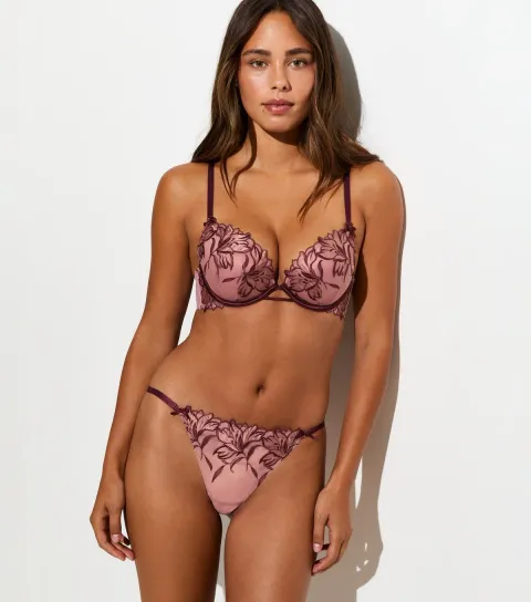 Women's Pink Floral Applique Embroidered Thong