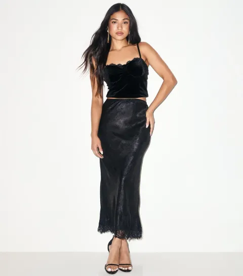 New Look Women's Petite Black Foil Lace Trim Midi Skirt