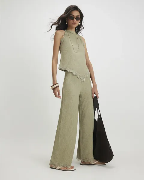 River Island Lace Trim Textured Wide Leg Trousers