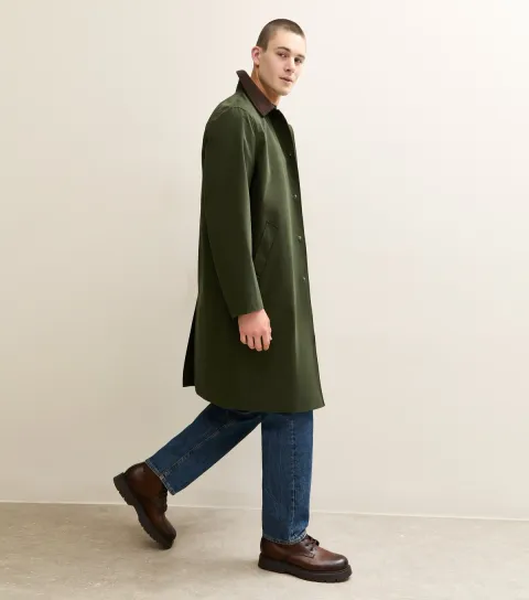 Men's Dark Khaki Regular Corduroy Collar Mac Coat