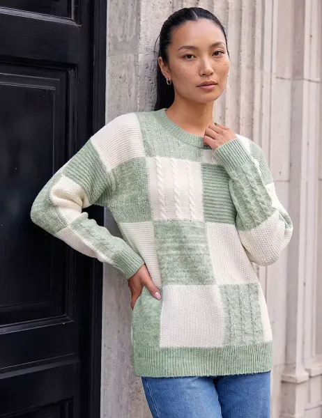 Patchwork Cable Knit Jumper Mint