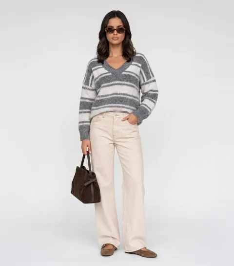 Urban Bliss Women's Grey V-Neck Striped Jumper