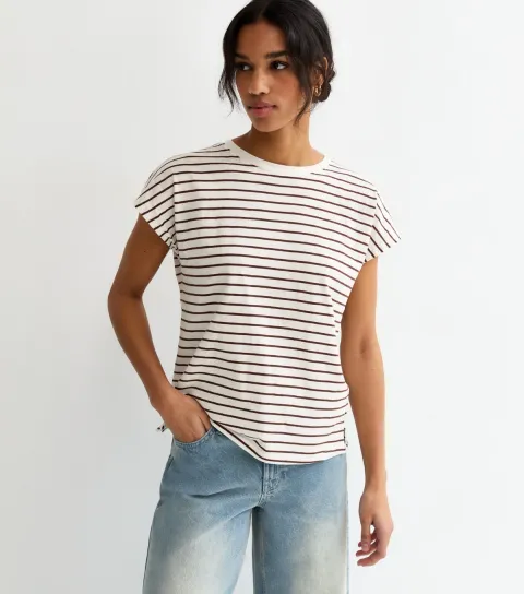 Women's Brown Cotton Striped Grown On Sleeve T-Shirt