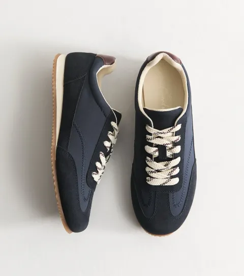 Women's Navy Faux Suede Panelled Lace Up Trainers Vegan