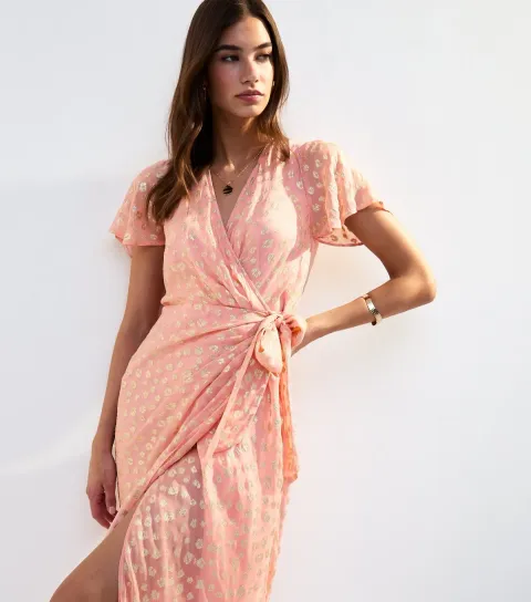 Women's Pink Jacquard Wrap Midi Dress