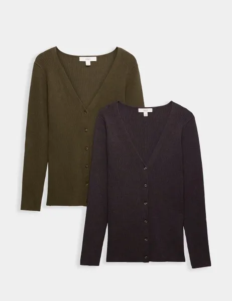 Marks & Spencer 2 Pack Ribbed V-Neck Slim Fit Cardigans Multi