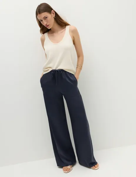Marks & Spencer Satin Drawstring Wide Leg Trousers Navy