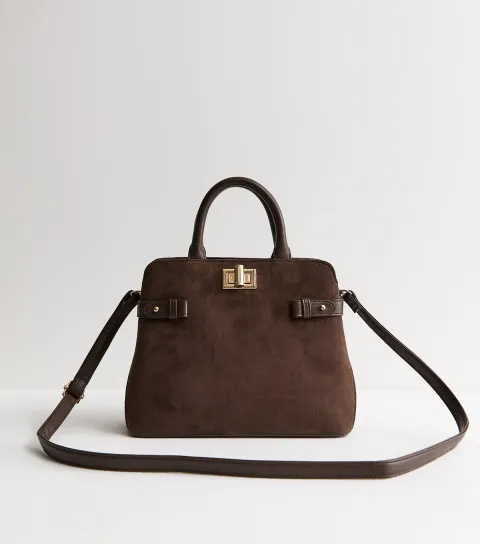 Dark Brown Faux Suede Turn Lock Top Handle Tote Bag Vegan