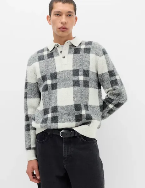 Marks & Spencer Relaxed Fit Check Jumper with Wool Grey Mix
