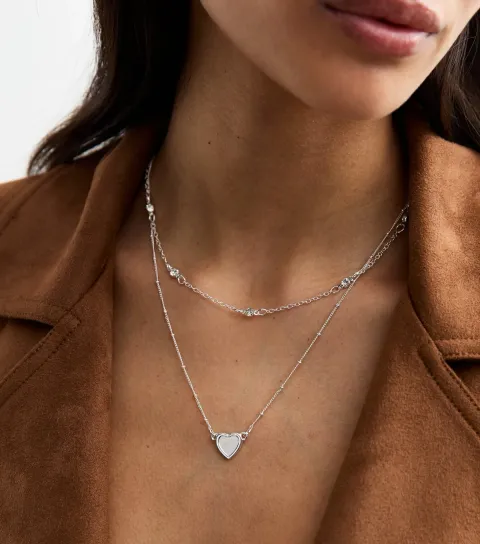 New Look Silver Layered Pearl Effect Heart Charm Necklace