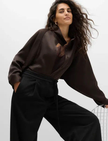 Marks & Spencer Satin Crepe Funnel Neck Button Detail Blouse Chocolate