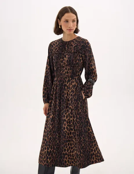 HUSH Chiffon Animal Print Gathered Midi Waisted Dress Brown Mix