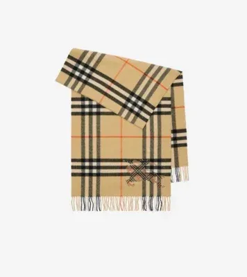 Wide Cross Stitch Knight Check Cashmere Scarf in Sand beige