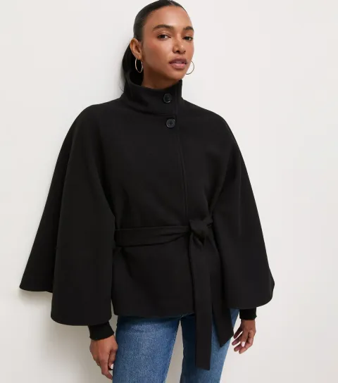 Women's Black Button Front High Neck Cape Jacket