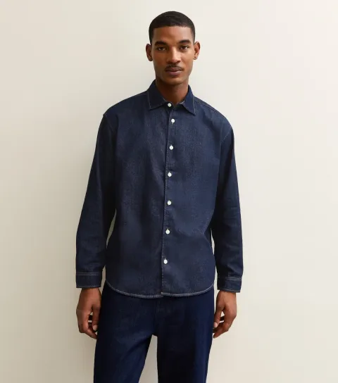 Men's Dark Blue Regular Denim Long Sleeve Shirt