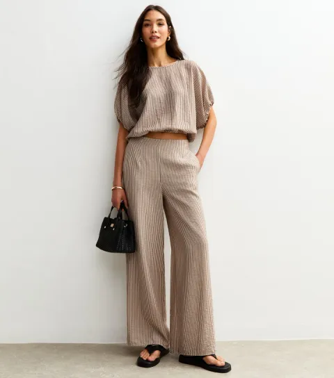 New Look Women's Brown Crinkle Texture Stripe Print Wide Leg Trousers