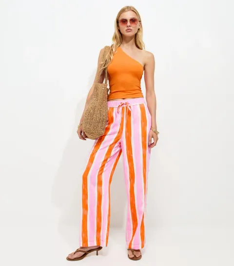 Women's Pink & Orange Stripe Goya Wide Leg Trousers
