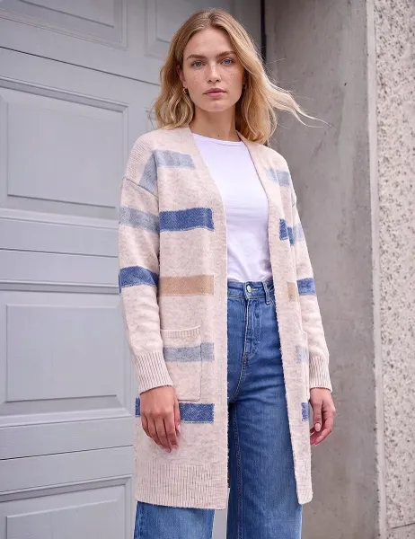 Roman Cotton Blend Striped Cardigan Stone