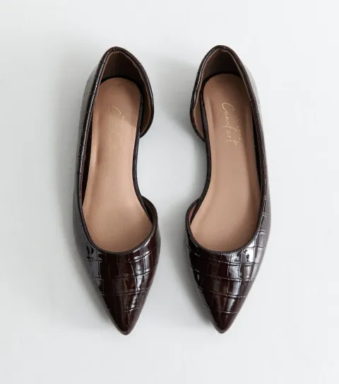 Women's Dark Brown Faux Leather Croc Embossed Pointed Pumps Vegan