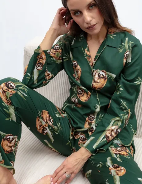 Cyberjammies Cotton Modal Sloth Print Pyjama Top Dark Green Mix