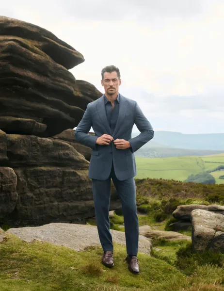 Jaeger Tailored Fit Italian Wool Textured Suit Jacket Mid Blue