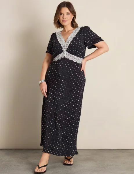 Live Unlimited London Polka Dot V-Neck Maxi Swing Dress Black