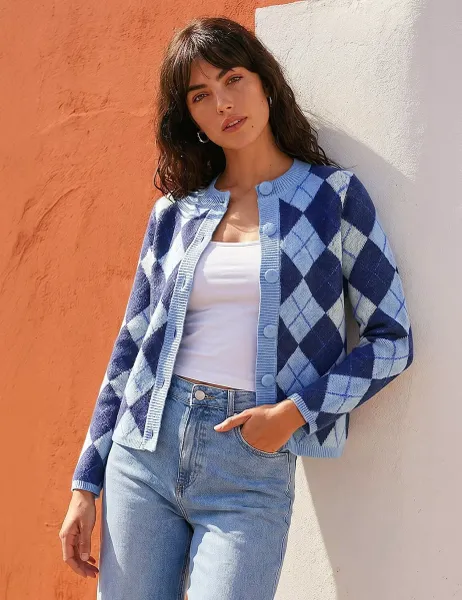 Roman Argyle Button Detail Cardigan Blue Mix