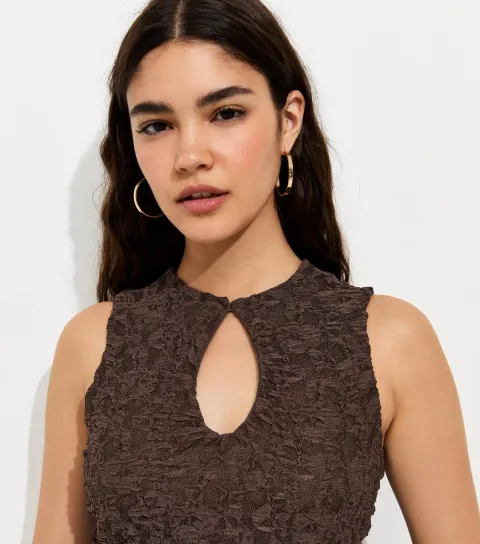 Women's Dark Brown Jersey Lace Keyhole Top